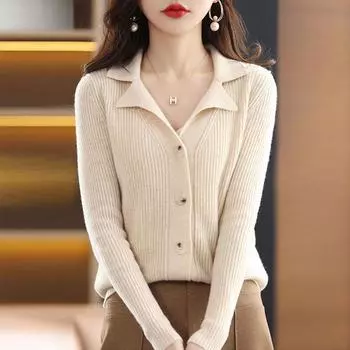 Свитера, верхняя одежда, трикотаж, кардиган, весна-осень 2023, повседневный костюм, воротник, вязаный кардиган с длинными рукавами, женский свитер с v-образным вырезом One Size зелёный