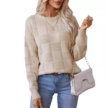 Свитера вязаные женские клетчатые с длинным рукавом толстые пуловеры прямые повседневные сращивания джемперы верхняя одежда элегантная женская осень зима S абрикосовый