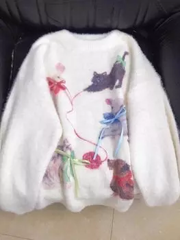 Свитера женские с бантом осень зима кошка собака принт милые пуловеры трикотаж мода свободный повседневный пушистый дизайн винтажный девичий свитер топ S белый