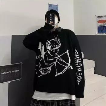 Свитера женские уличные вязаный свитер пуловер ангел жаккардовый модный хип-хоп весна осень Harajuku свободная верхняя одежда джемпер M чёрный