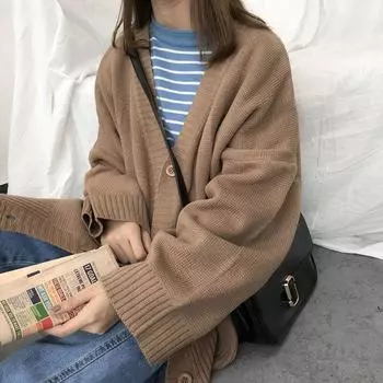 Свитера женские вязаные кардиганы повседневные весенние с v-образным вырезом с длинным рукавом повседневные однотонные мужские одежды однобортные коричневые студенческие S чёрный