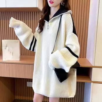 Свитера Зима Осень Большие размеры Женские Молния Пуловер Длинный рукав Вязание Водолазка Синий Белый Свободный свитер One Size синий