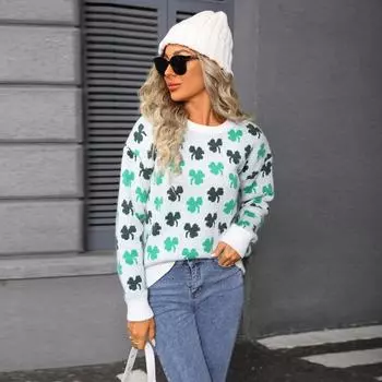 Свитеры Нового Стиля Осень-Зима, Женский Вязаный Свитер Крупной Жакардовой Вязки, Топ с Круглым Вырезом, Осенняя Уличная Мода S белый