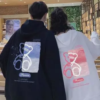 Свитшот для пары с принтом медведя — модная куртка осень/зима 2021 с бархатной подкладкой XL