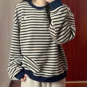 Свитшот для женщин хлопковый свободный длинный рукав футболка топ полосатый круглый вырез повседневный пуловер топ свитшот M синий