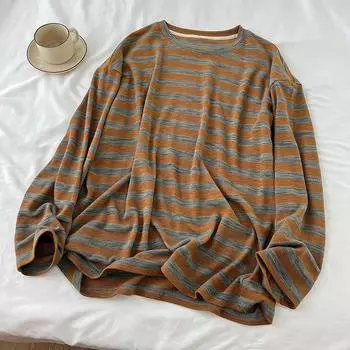 Свитшот для женщин хлопковый свободный длинный рукав футболка топ полосатый круглый вырез повседневный пуловер топ свитшот S