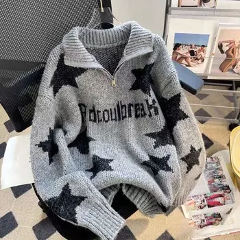 Свитшот для женщин осень зима хлопок свободный большой размер вязаный удобный круглый вырез повседневный пуловер топ свитер свитшот S серый