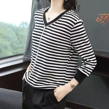 Свитшот для женщин осень зима V-образный вырез свитер джемпер длинный рукав повседневный свободный эластичный свитшот топы M