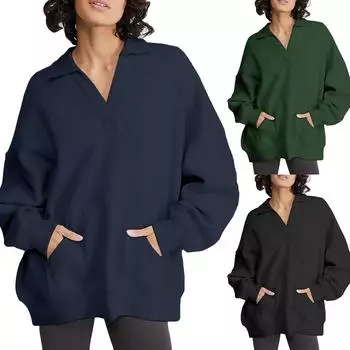 Свитшот для женщин с длинным рукавом, свободный V-образный вырез, флисовые топы для тренировок, легкий пуловер S синий