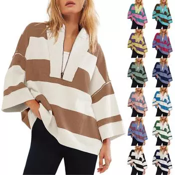 Свитшот для женщин, свободный, с полумолнией, в полоску, с цветными блоками, с V-образным вырезом, повседневный свободный пуловер с карманами L зелёный