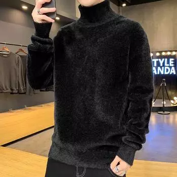 Свитшот из искусственного меха норки, мужской, антипиллинговый, высококачественный, трикотажный свитер с высоким воротом, облегающий, с длинным рукавом, однотонный, трендовая мужская одежда S