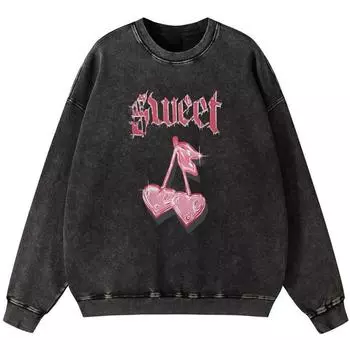 Свитшот из винтажного выстиранного хлопка для девочки с принтами в виде надписей Сладкая вишня в стиле Харадзюку, оверсайз, тонкий S