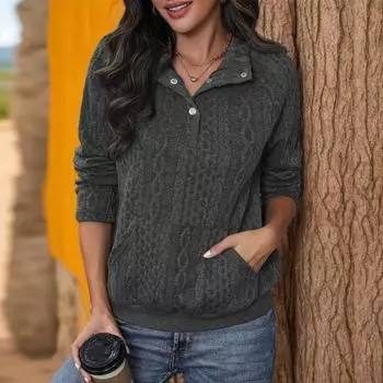 Свитшот осень-зима с перекрученной текстурой, отложным воротником, плиссированным карманом, длинными рукавами, свободный, плотный S темно-серого