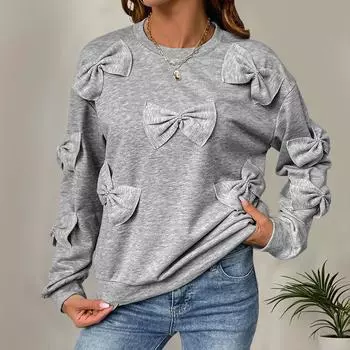 Свитшот с бантом Kawaii Casual Solid Свободный свитер с длинным рукавом Корейская мода O-образный вырез Oversize Top S светло-серый