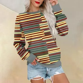 Свитшот с длинным рукавом для женщин с полосатым принтом, футболки, блузки, повседневные, больших размеров, базовые топы, пуловеры XXL жёлтый
