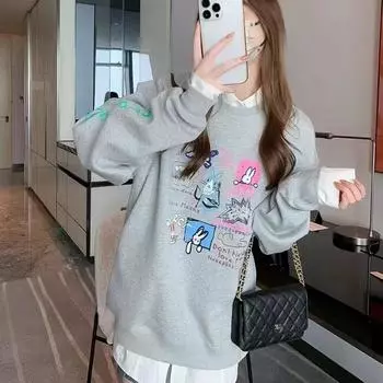 Свитшот с короткими рукавами и принтом «Бархатный кролик»: Модный свободный топ с граффити Size A2 серый