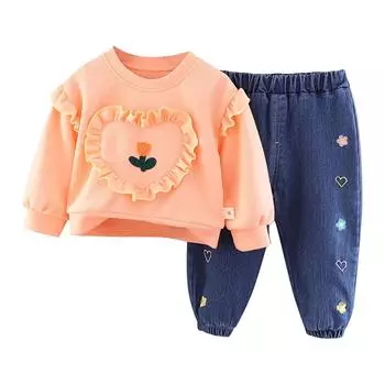 Свитшот с круглым вырезом и длинными рукавами для девочек, джинсовый костюм, костюм из двух частей для девочек 110 шафрановый