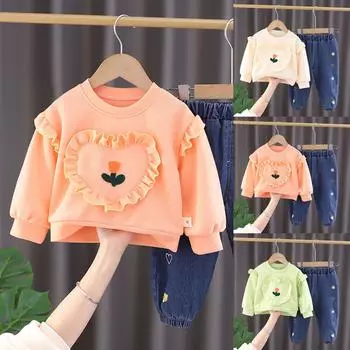 Свитшот с круглым вырезом и длинными рукавами для девочек, джинсовый костюм, костюм из двух частей для девочек 80 зелёный