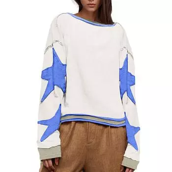 Свитшот с круглым вырезом и звездной наклейкой, сращивание цветного подола, женский топ с длинными рукавами, свободная повседневная рубашка в стиле Харадзюку, нижний слой, осень S кофейный