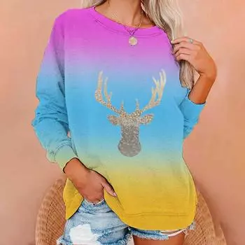 Свитшот с круглым вырезом, спортивная повседневная рубашка с цветными блоками и градиентным рождественским принтом, женский пуловер S
