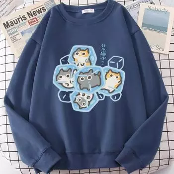 Свитшот с принтом Ice Cat Fun Cartoons для женщин Harajuku Crewneck Hoodie с осенними принтами Sportswear Hip Hop Loose Hoody Pullovers & Long Sleeves Womens S чёрный