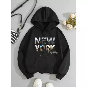 Свитшот с принтом пейзажа для мужчин, осенний, мягкий, с капюшоном, простой, теплый, удобный, с капюшоном, уличный, свободного покроя, модные, пуловеры, толстовки и свитшоты для мужчин S чёрный