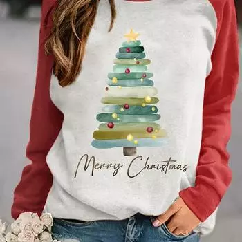 Свитшот с принтом рождественской елки - мягкий повседневный с длинным рукавом и круглым вырезом для осени и зимы - женская комфортная одежда XXS