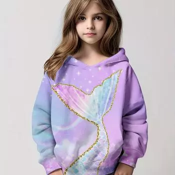Свитшот с рисунком русалки для девочек, длинный рукав, модная симпатичная толстовка с капюшоном, топы для детей, осенне-зимняя одежда, подарки 100