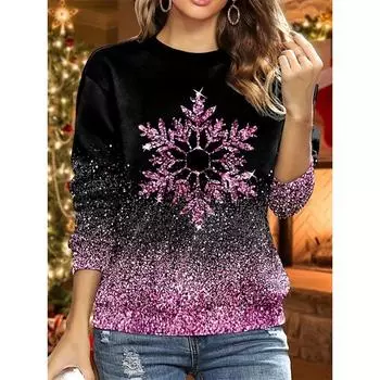 Свитшот с розовыми снежинками, мягкий и удобный, с длинным рукавом и круглым вырезом, для повседневной носки - идеально подходит для женщин и девочек S