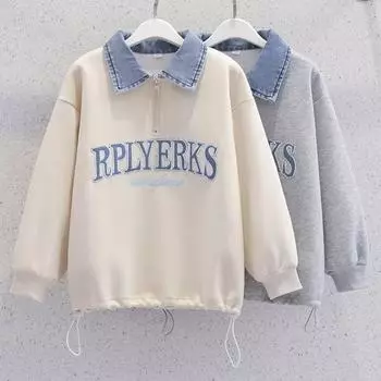 Свитшот с застежкой-молнией на половину длины, женская весенне-осенняя мода, джинсовый воротник, иностранная школьная женская верхняя куртка для женщин XS серый