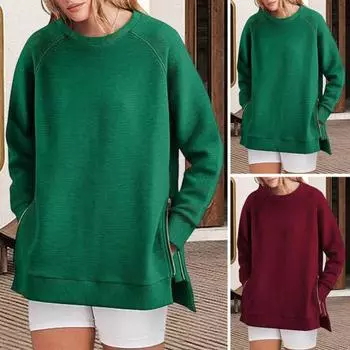 Свитшот с застежкой-молнией сбоку, разрезом по низу, круглым вырезом, длинными рукавами, свободными эластичными манжетами, средней длины, весенне-осенний топ для занятий спортом, повседневной носки S