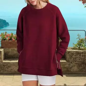 Свитшот с застежкой-молнией сбоку, разрезом по низу, круглым вырезом, длинными рукавами, свободными эластичными манжетами, средней длины, весенне-осенний топ для занятий спортом, повседневной носки S