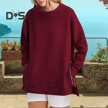 Свитшот с застежкой-молнией сбоку, разрезом по низу, круглым вырезом, длинными рукавами, свободными эластичными манжетами, средней длины, весенне-осенний топ для занятий спортом, повседневной носки S темно-зеленого