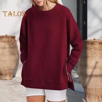 Свитшот с застежкой-молнией сбоку, разрезом по низу, круглым вырезом, длинными рукавами, свободными эластичными манжетами, средней длины, весенне-осенний топ для занятий спортом, повседневной носки S темно-зеленого