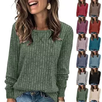 Свитшоты для женщин, пуловеры, повседневные, с круглым вырезом, трикотажные, однотонные топы L чёрный