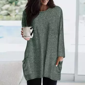 Свитшоты для женщин с длинным рукавом и круглым вырезом, пуловеры, повседневные однотонные туники с карманами L армия зеленый