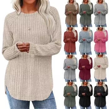 Свитшоты для женщин с длинным рукавом и круглым вырезом, пуловеры, повседневные однотонные туники, топы L армия зеленый