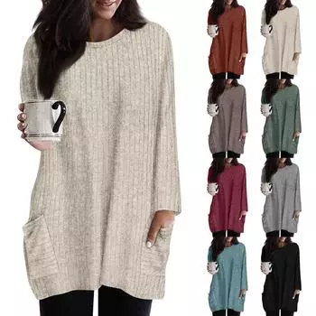 Свитшоты для женщин с длинным рукавом и круглым вырезом, пуловеры, повседневные однотонные туники с карманами XXL оранжевый