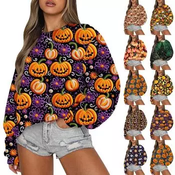 Свитшоты для женщин с длинным рукавом на Хэллоуин, повседневные, с круглым вырезом, свободные, пуловеры, свитшоты, топы S