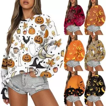 Свитшоты для женщин с длинным рукавом на Хэллоуин, повседневные, с круглым вырезом, свободные, пуловеры, свитшоты, топы L чёрный