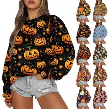 Свитшоты для женщин с длинным рукавом на Хэллоуин, повседневные, с круглым вырезом, свободные, пуловеры, свитшоты, топы XL чёрный