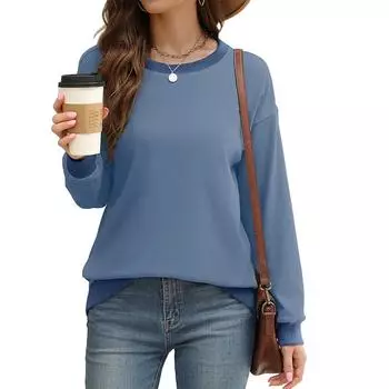 Свитшоты для женщин с круглым вырезом, длинным рукавом, свободный крой, цветные блоки, ребристая отделка, мода 2025 года S чёрный