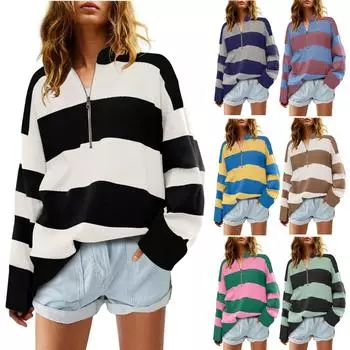 Свитшоты для женщин, свободные, с длинным рукавом, повседневные, в полоску, осенние, с полумолнией, с V-образным вырезом, цветные блоки, пуловеры, свитшоты, топы L чёрный