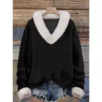 Свитшоты для женщин Вязаные милые рубашки Осень V-образный вырез Пуловеры Топы M чёрный