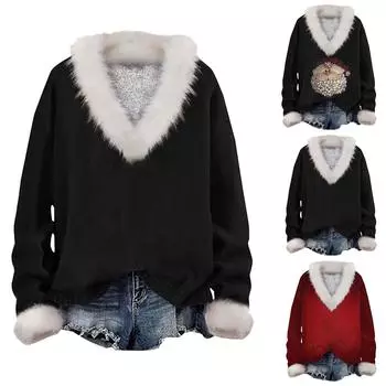 Свитшоты для женщин Вязаные милые рубашки Осень V-образный вырез Пуловеры Топы M чёрный