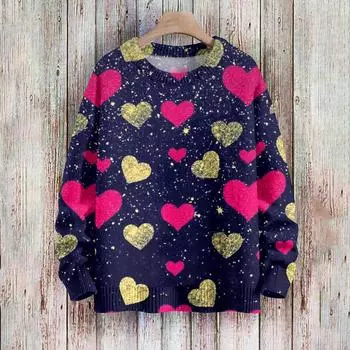 Свитшоты для женщин Вязаный свитер Милая рубашка Осенний круглый вырез Пуловер Топы L темно-синий