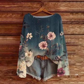 Свитшоты для женщин Вязаный свитер Милая рубашка Осенний круглый вырез Пуловер Топы XXL синий