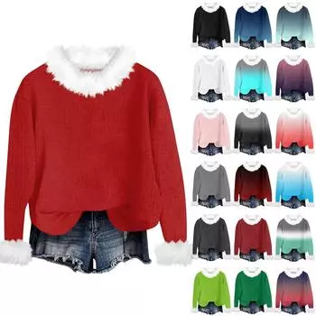 Свитшоты для женщин Вязаный свитер Милая рубашка Осенний круглый вырез Пуловер с меховым воротником Топы XL фиолетовый