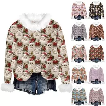Свитшоты для женщин Вязаный свитер Милая рубашка Осенний круглый вырез Пуловер с меховым воротником Топы S