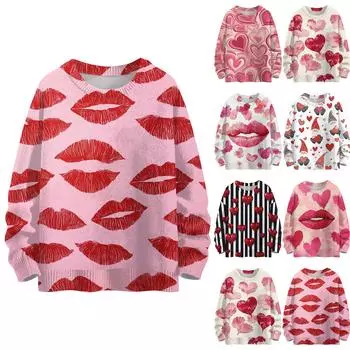 Свитшоты для женщин Вязаный свитер Милая рубашка Осенний круглый вырез Пуловер Топы S красный